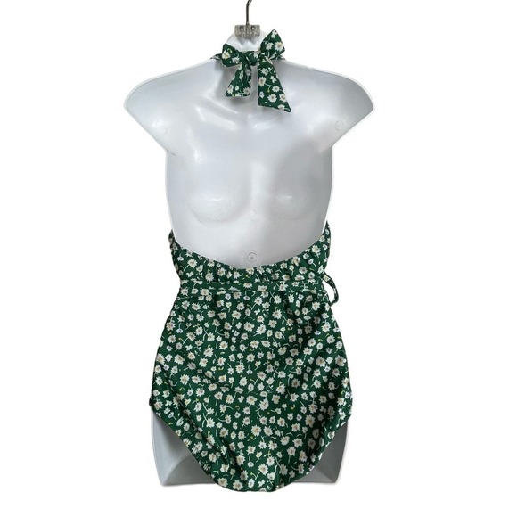 NWOT Modcloth Green One Piece Ditzy Daisies Floral Halter Ruffle Swimsuit Size L - Picture 3 of 11